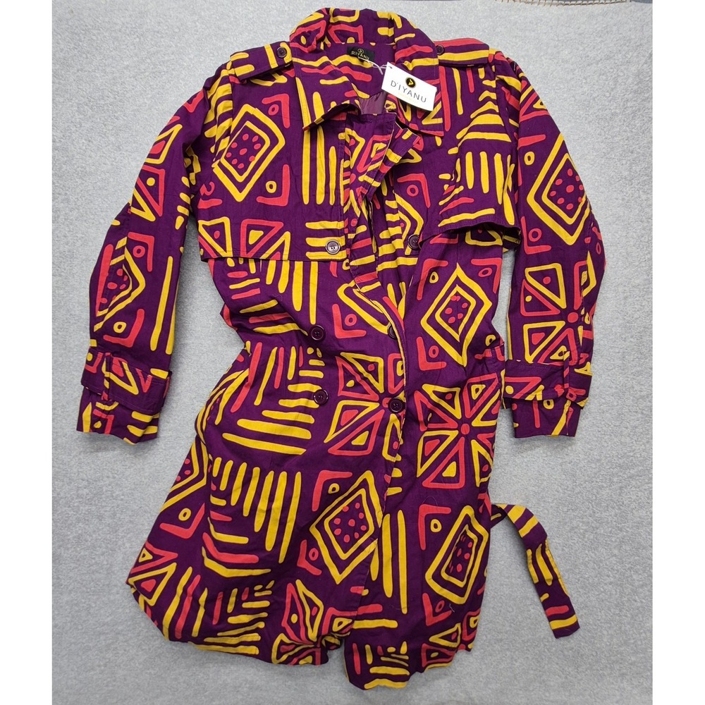 D'IYANU Trench Coat Womens 2X Purple Ankara African Print Belted Cotton Jacket